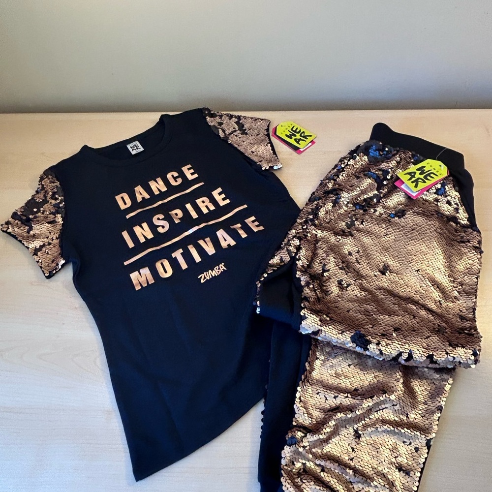 Zumba Fitness 2-Piece Dance Outfit - Black and Rose Gold Sequins